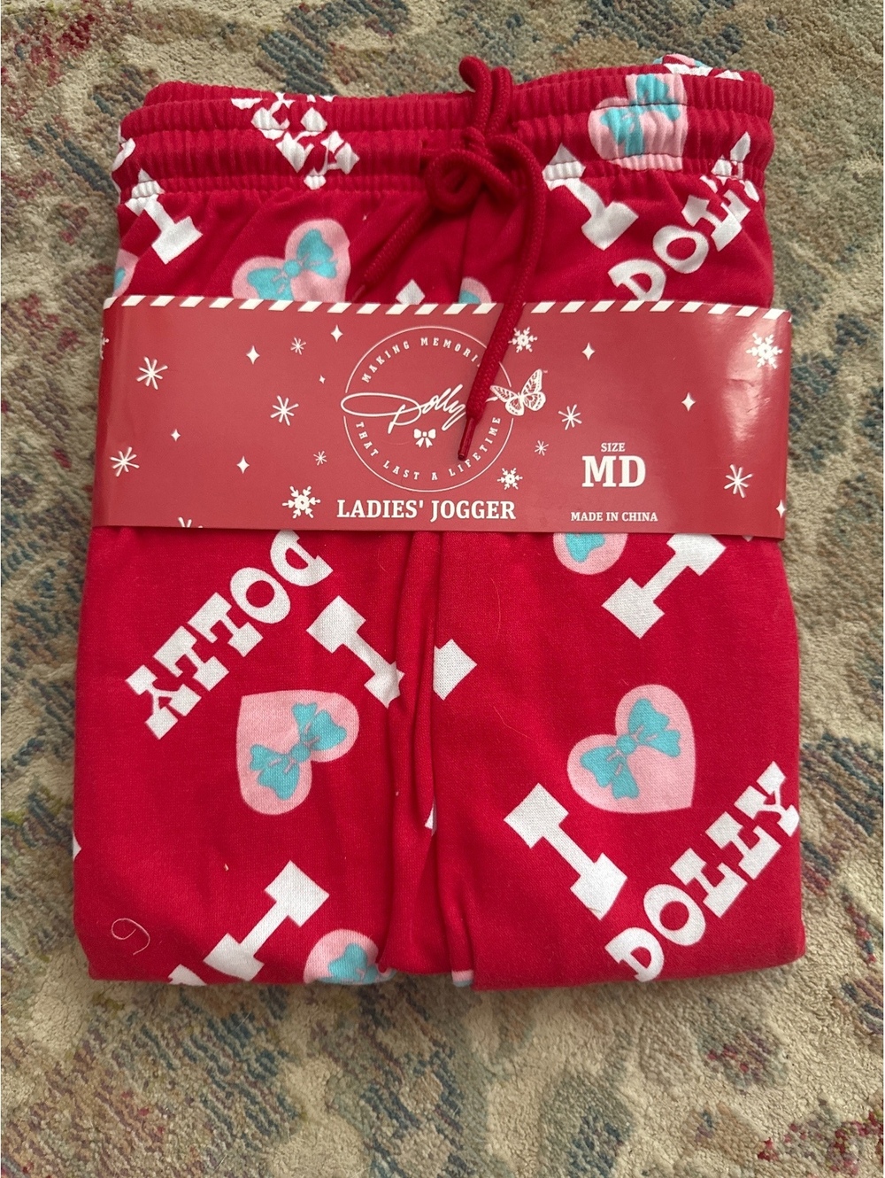 Ladies' Medium Red Jogger Pants with I Love Dolly Print